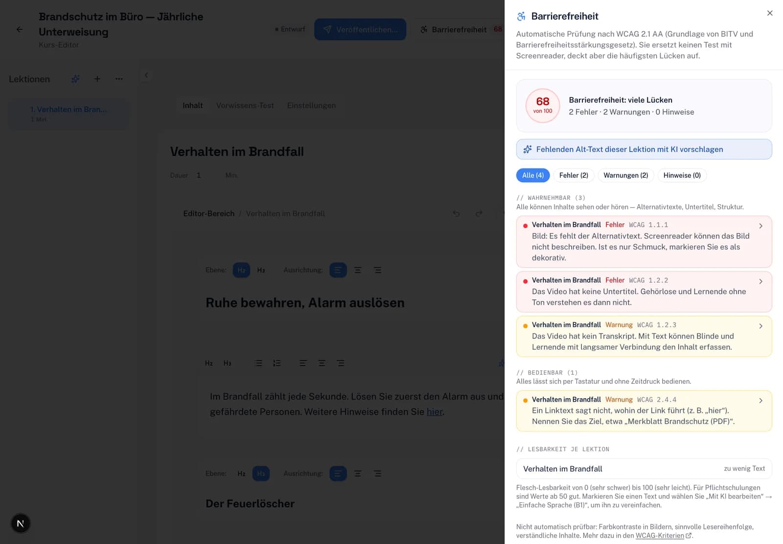 Kurs-Editor mit geöffnetem Prüfpanel „Barrierefreiheit“: Score 68 von 100, Funde zu Alternativtext, Untertiteln und Überschriften mit WCAG-Kriterium
