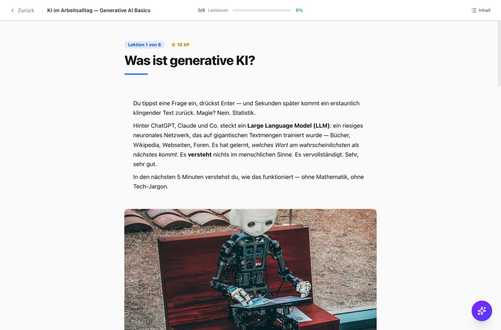 PlakosAI Kurs-Player: Mini-Lektion mit Quiz und Fortschrittsanzeige