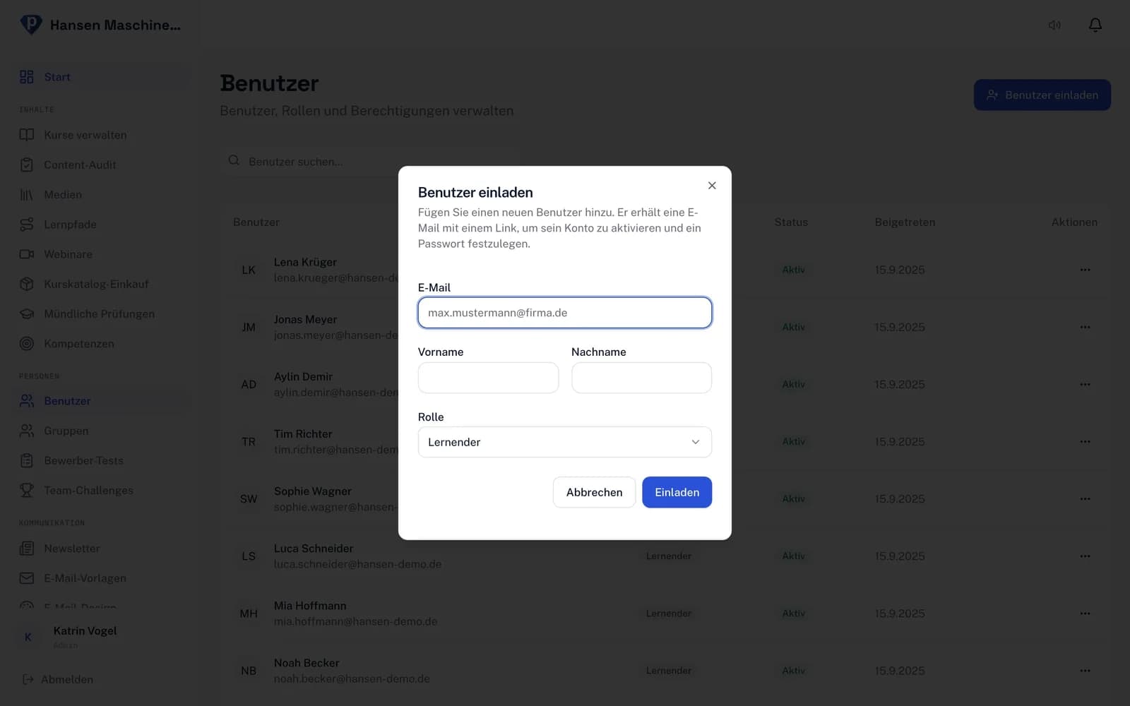 Benutzerverwaltung: Azubi per E-Mail einladen