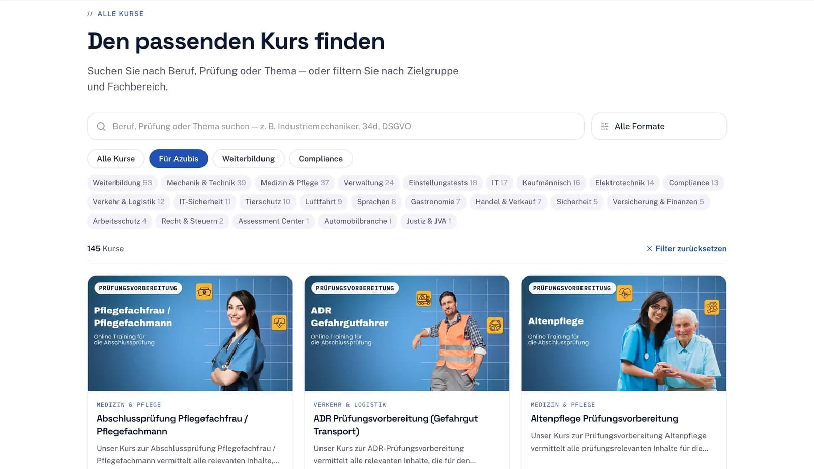 Kurskatalog mit Filter „Für Azubis": 145 Kurse zur Prüfungsvorbereitung