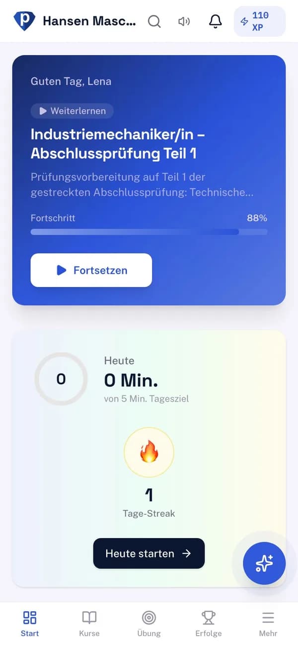 Azubi-App Startseite: Weiterlernen, Tagesziel und Lern-Streak