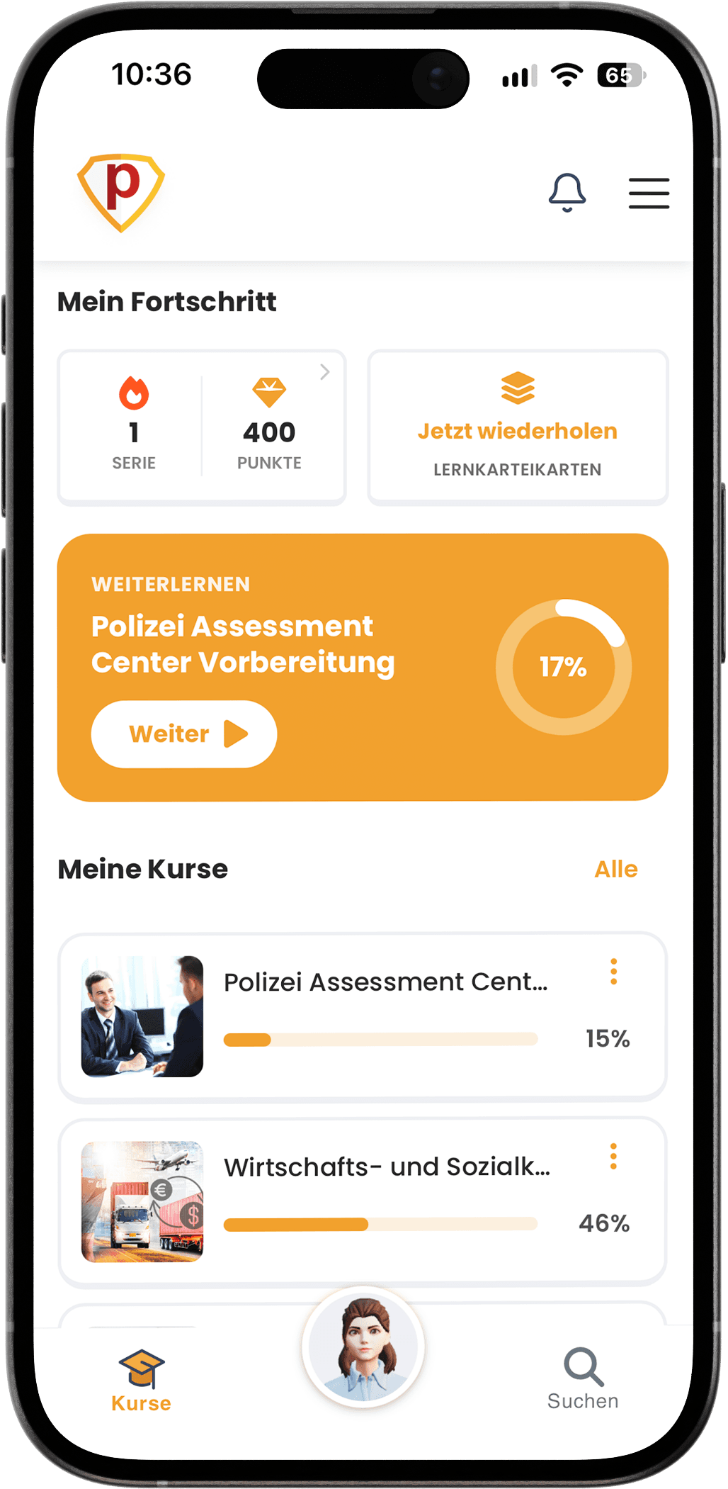 PlakosAI-App: Startbildschirm mit Fortschritt, Kursliste und dem Lernbuddy-Avatar unten in der Navigationsleiste